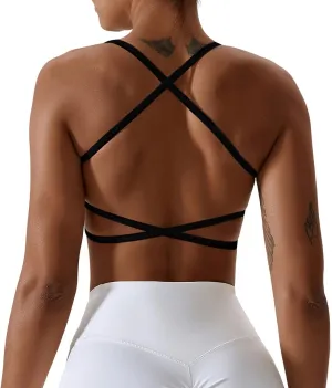 Workout Sports Bras for Women Padded Backless Low Impact Fitness Yoga Bra Criss-Cross Strappy Cropped Tank Top