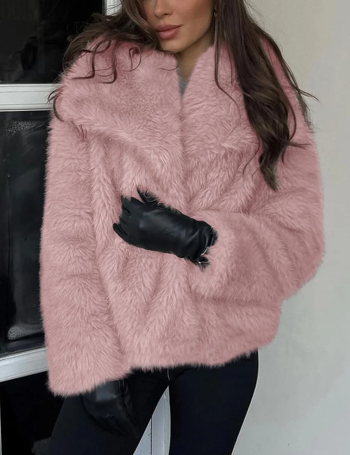 Yimoon Womens Faux Fur Coat Lapel Open Front Fluffy Shaggy Jacket Winter Warm Furry Overcoat