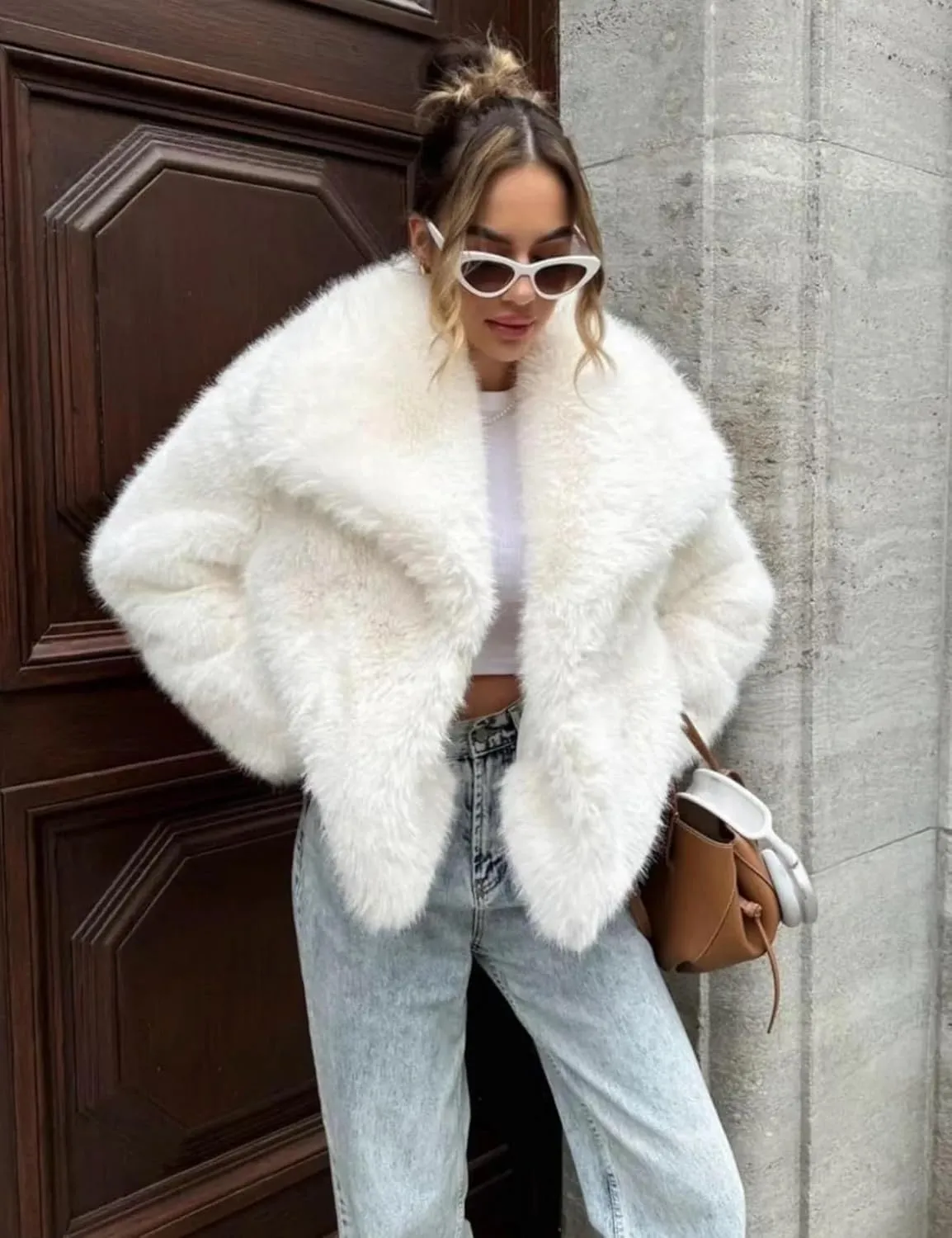 Yimoon Womens Faux Fur Coat Lapel Open Front Fluffy Shaggy Jacket Winter Warm Furry Overcoat