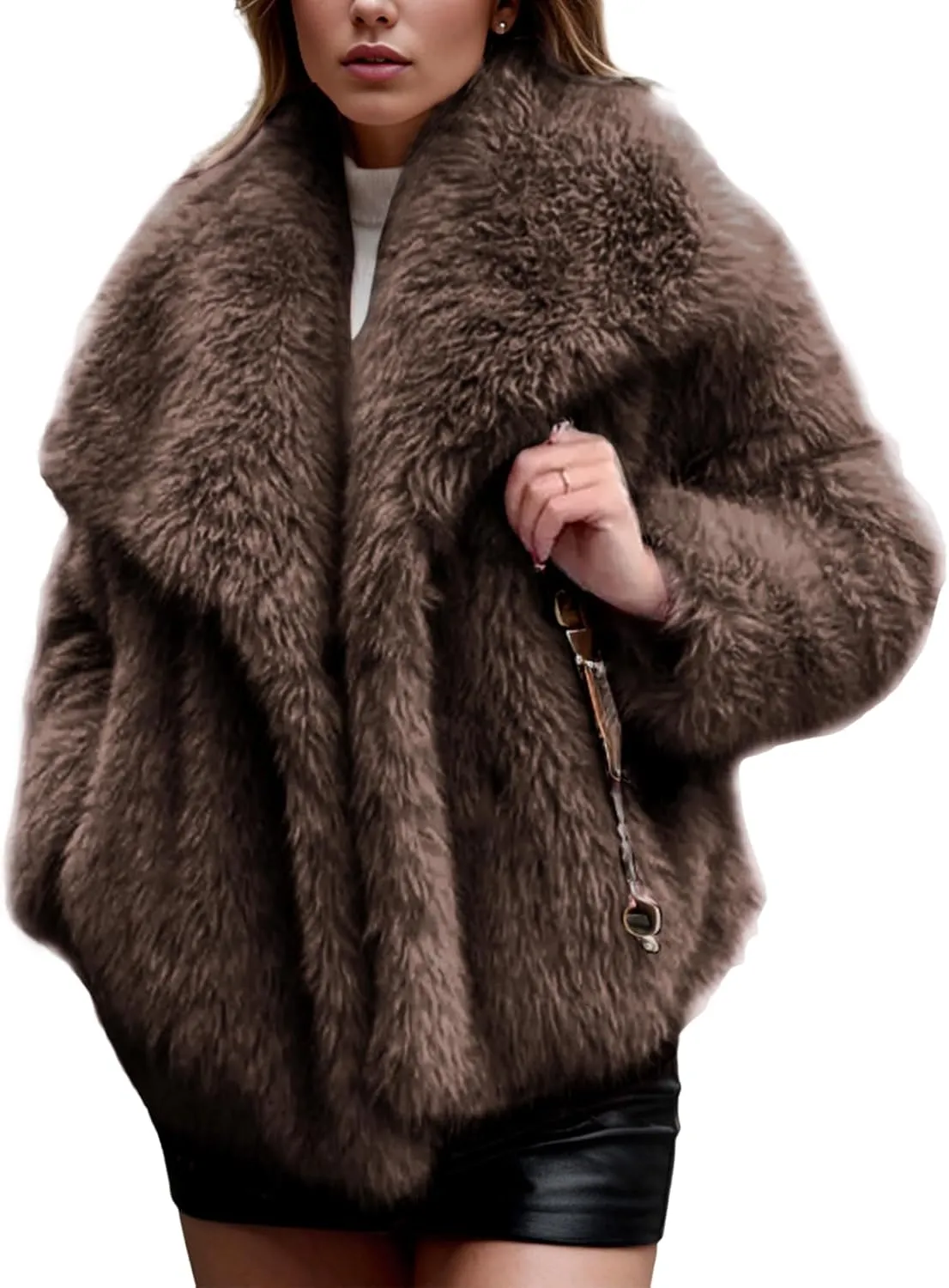 Yimoon Womens Faux Fur Coat Lapel Open Front Fluffy Shaggy Jacket Winter Warm Furry Overcoat