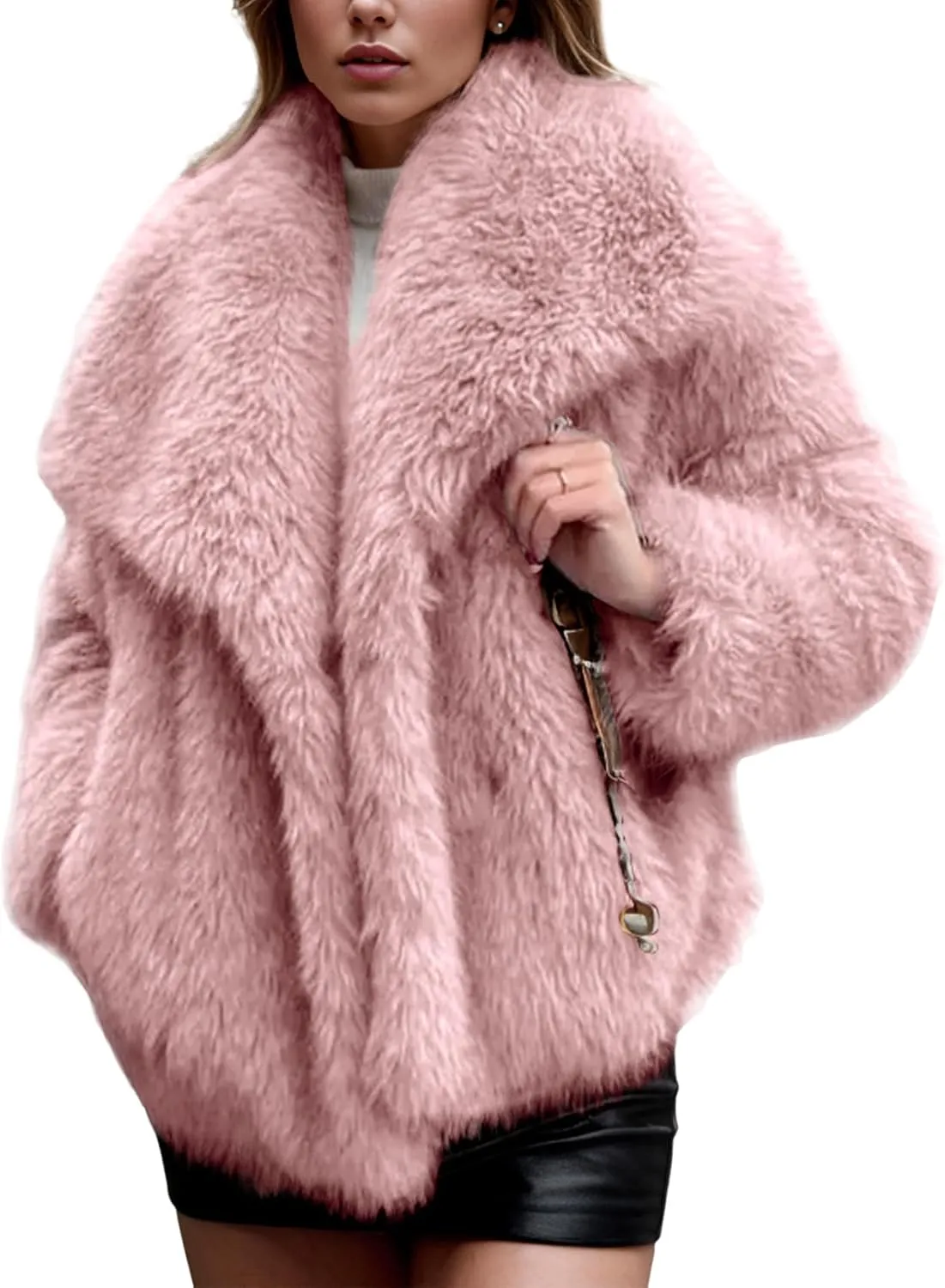 Yimoon Womens Faux Fur Coat Lapel Open Front Fluffy Shaggy Jacket Winter Warm Furry Overcoat