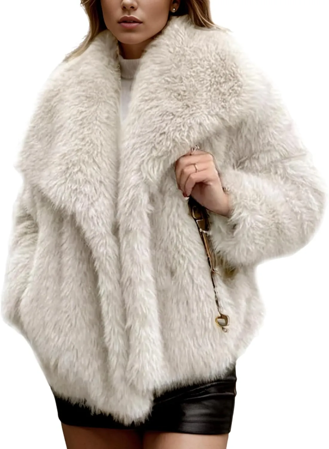 Yimoon Womens Faux Fur Coat Lapel Open Front Fluffy Shaggy Jacket Winter Warm Furry Overcoat