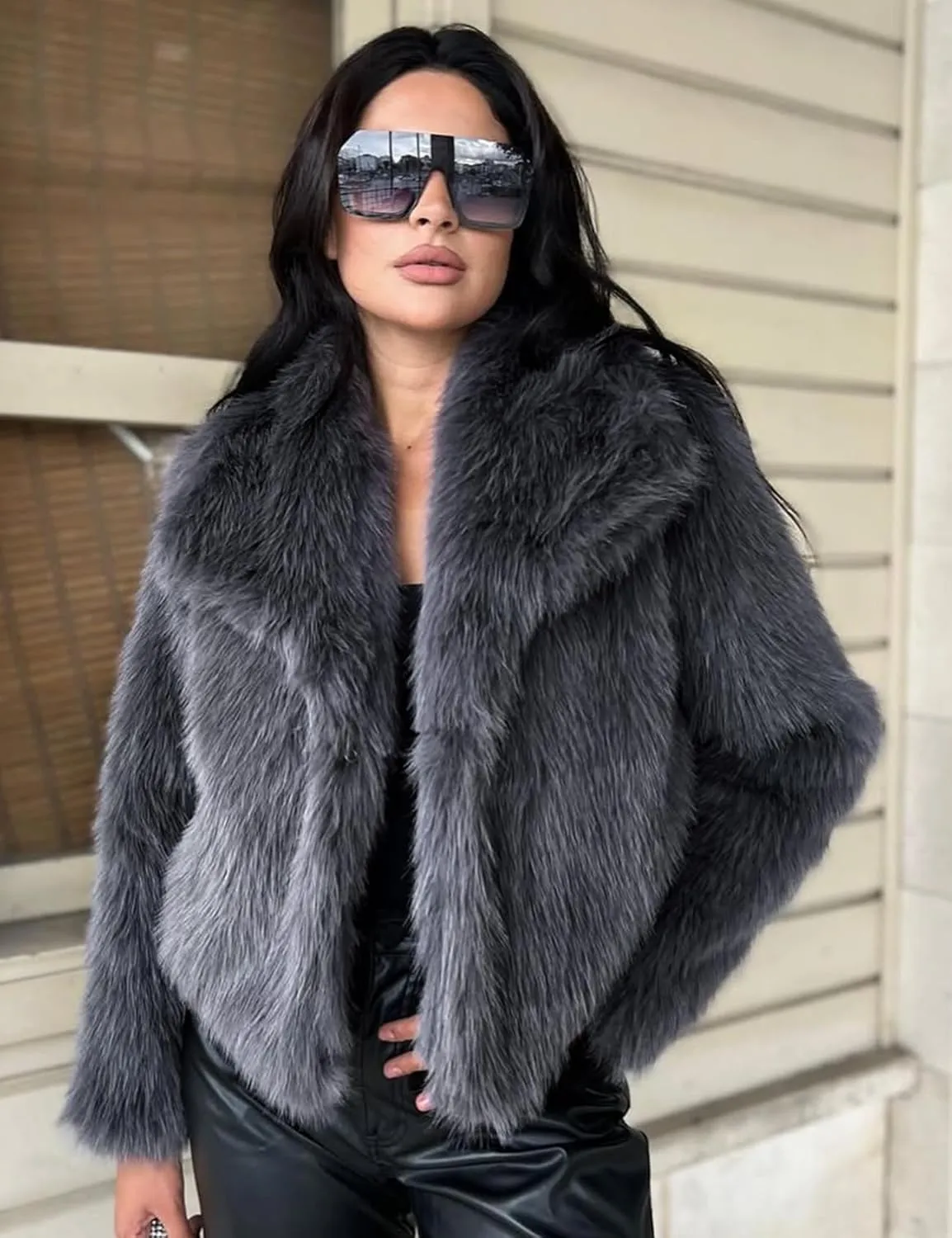 Yimoon Womens Faux Fur Coat Lapel Open Front Fluffy Shaggy Jacket Winter Warm Furry Overcoat