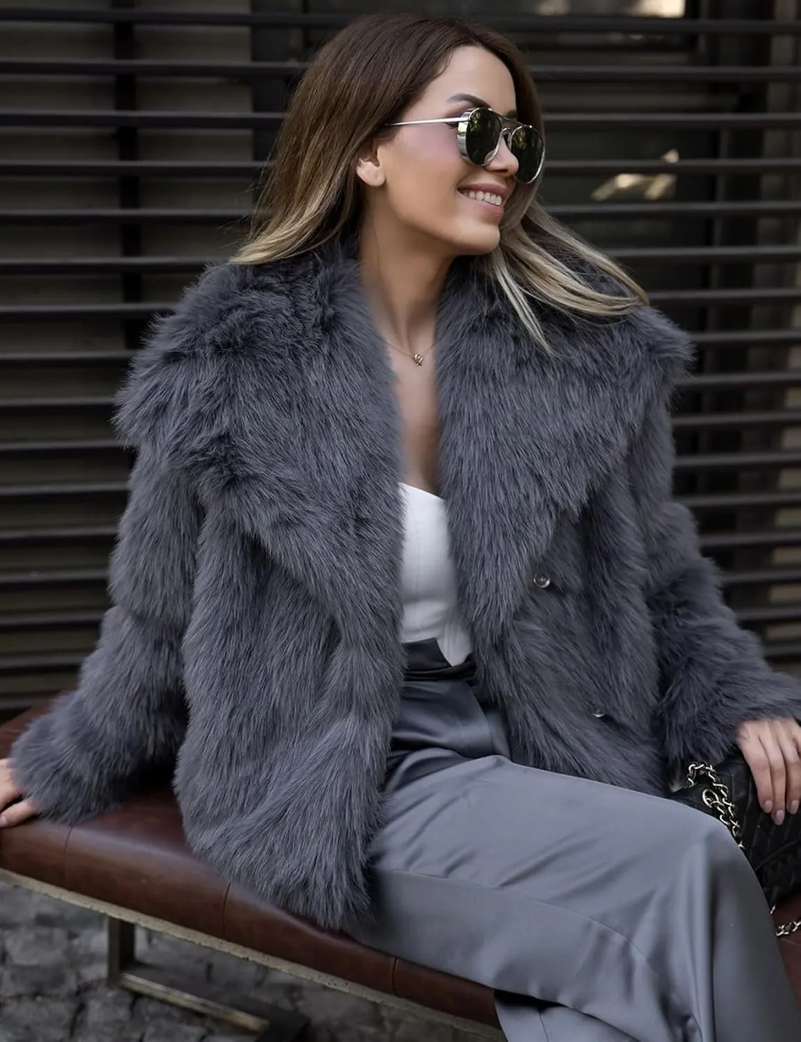 Yimoon Womens Faux Fur Coat Lapel Open Front Fluffy Shaggy Jacket Winter Warm Furry Overcoat