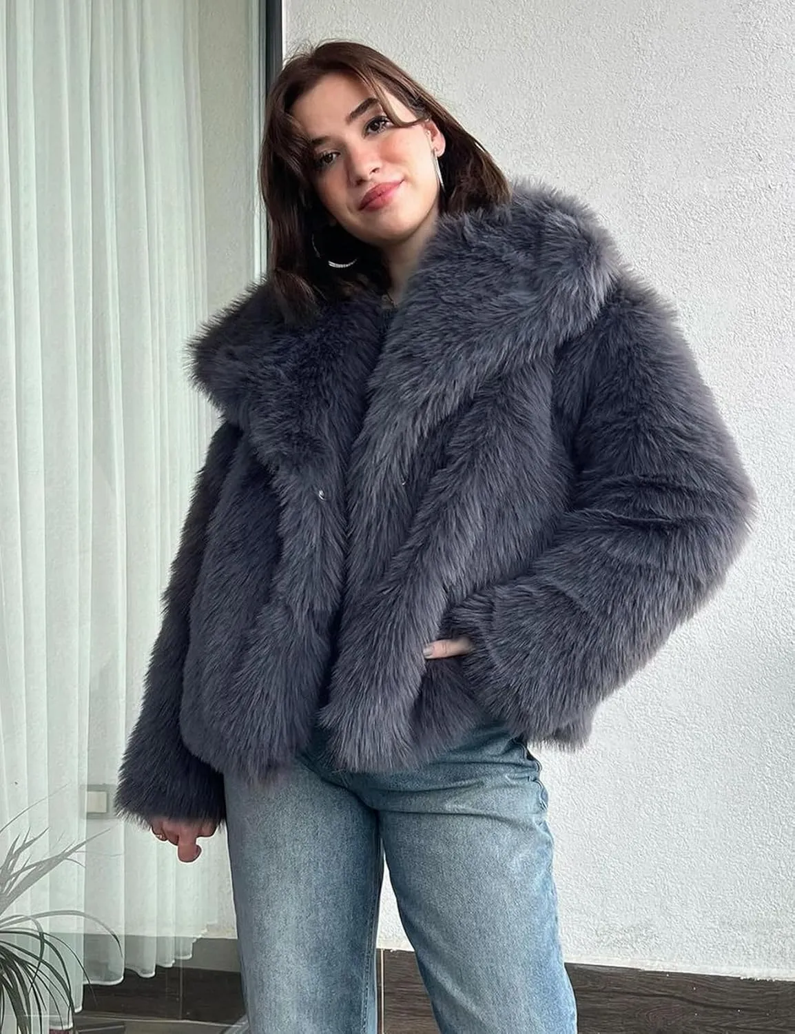 Yimoon Womens Faux Fur Coat Lapel Open Front Fluffy Shaggy Jacket Winter Warm Furry Overcoat