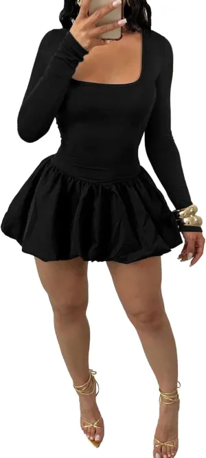 YOOTIKO Women Y2k Bubble Mini Dress Party Clubwear Sexy Square Neck Long Sleeve Cute Puffy Dress