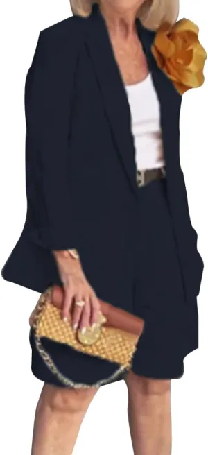 ZOCAVIA Womens Blazer Shorts Set Suit Set 2 Piece Dressy Short Sets Solid Open Front Long Sleeve Suit Jackets and Short Pants