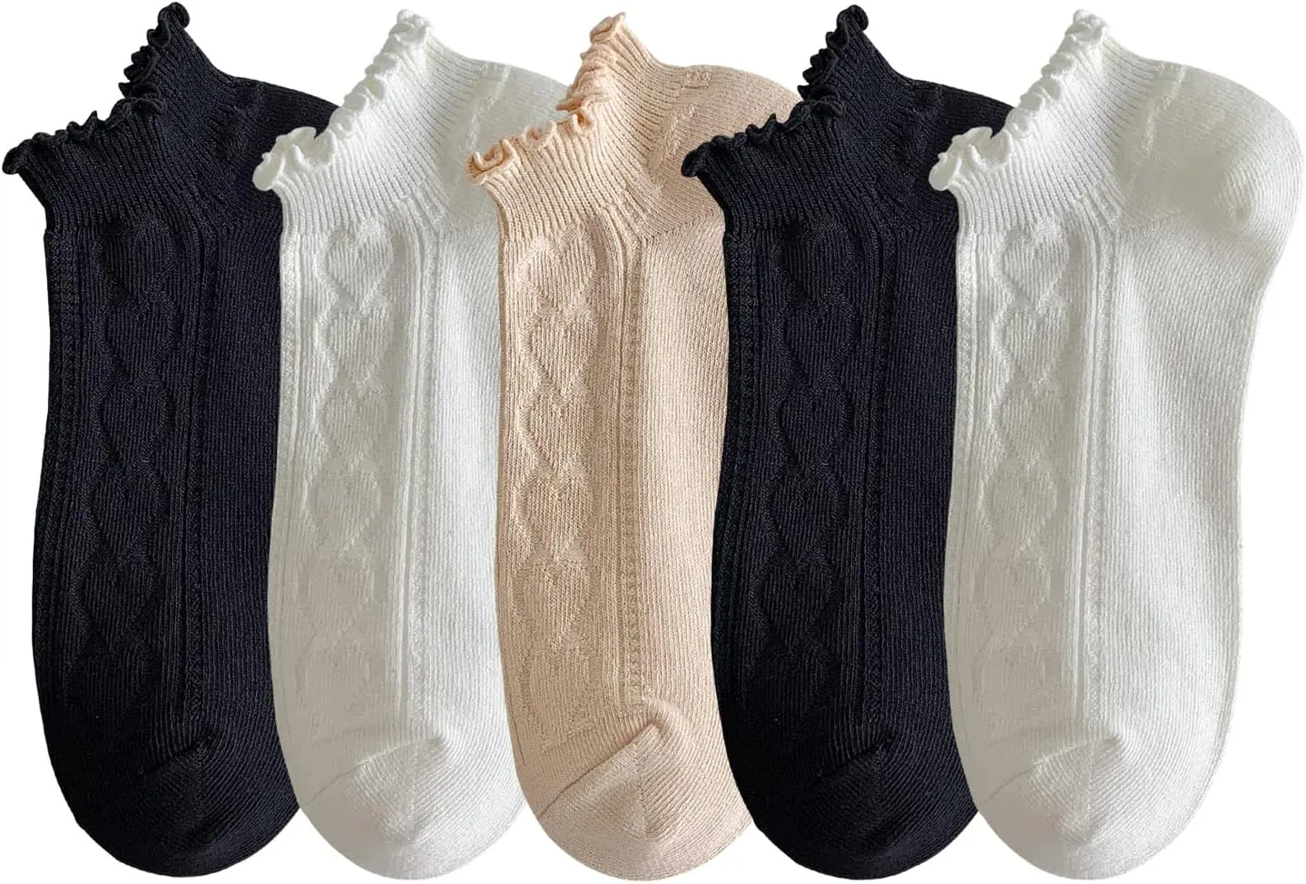 zrylibya Women Ruffle Frilly Rib Knit Ankle Socks Heart Pattern Textured Casual Cute Low Cut Socks 5 Pairs