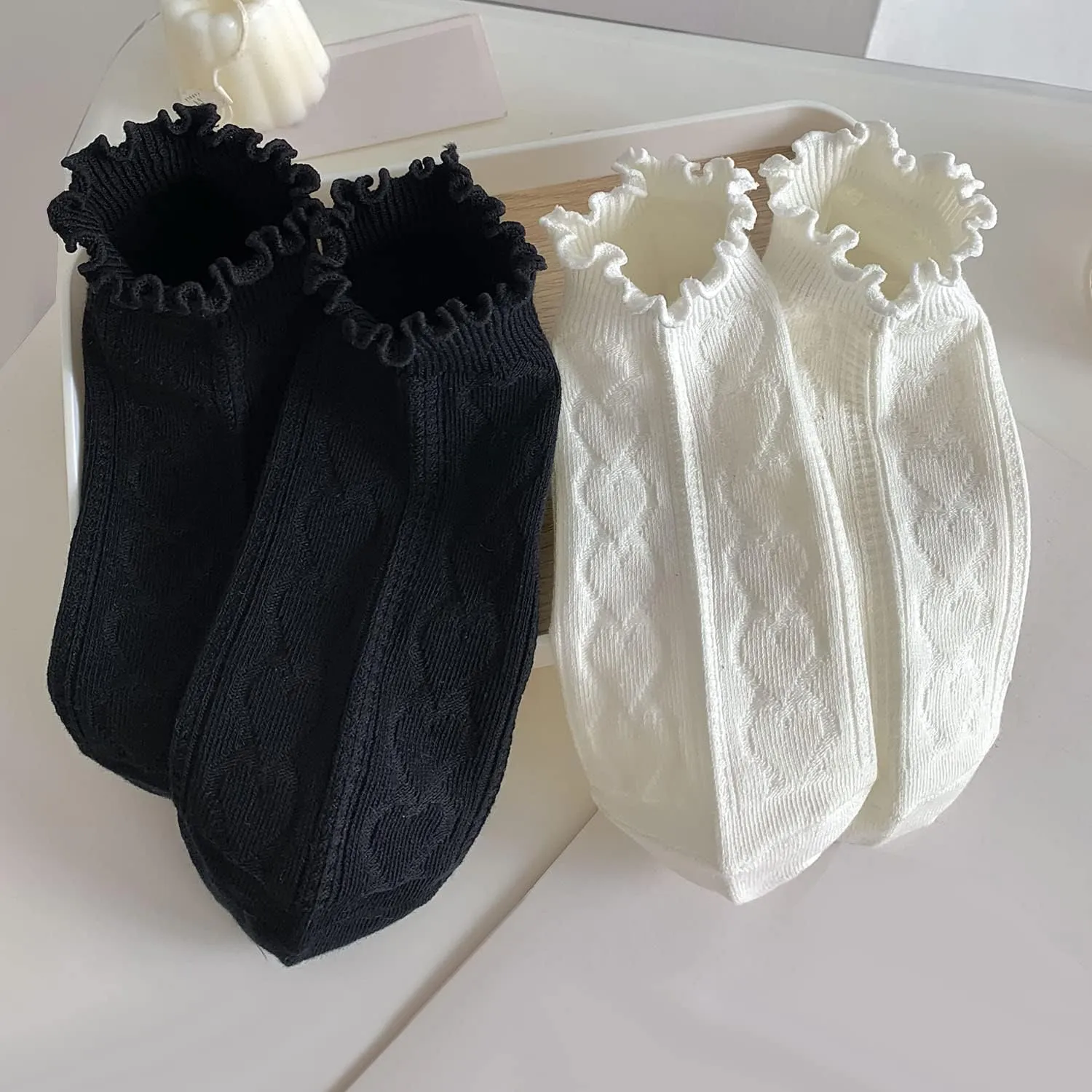 zrylibya Women Ruffle Frilly Rib Knit Ankle Socks Heart Pattern Textured Casual Cute Low Cut Socks 5 Pairs