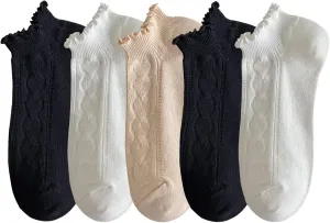 zrylibya Women Ruffle Frilly Rib Knit Ankle Socks Heart Pattern Textured Casual Cute Low Cut Socks 5 Pairs
